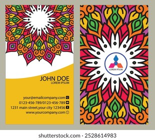 Professional business card design: front side includes name, title, contact info, and website; back showcases logo in mandala pattern. Ideal for corporate professionals and entrepreneurs.