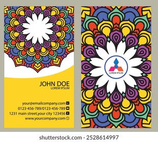 Professional business card design: front side includes name, title, contact info, and website; back showcases logo in mandala pattern. Ideal for corporate professionals and entrepreneurs.