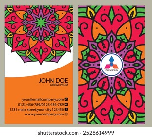 Professional business card design: front side includes name, title, contact info, and website; back showcases logo in mandala pattern. Ideal for corporate professionals and entrepreneurs.