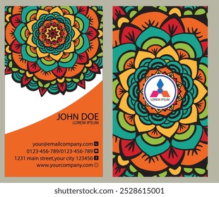 Professional business card design: front side includes name, title, contact info, and website; back showcases logo in mandala pattern. Ideal for corporate professionals and entrepreneurs.