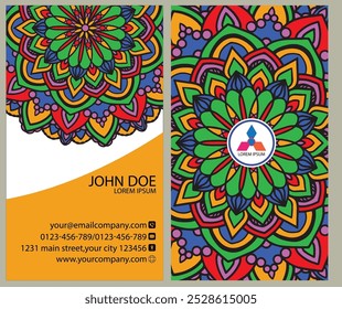 Professional business card design: front side includes name, title, contact info, and website; back showcases logo in mandala pattern. Ideal for corporate professionals and entrepreneurs.