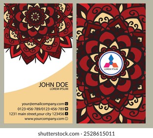 Professional business card design: front side includes name, title, contact info, and website; back showcases logo in mandala pattern. Ideal for corporate professionals and entrepreneurs.