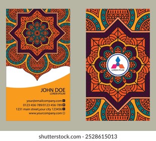 Professional business card design: front side includes name, title, contact info, and website; back showcases logo in mandala pattern. Ideal for corporate professionals and entrepreneurs.