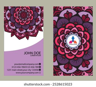 Professional business card design: front side includes name, title, contact info, and website; back showcases logo in mandala pattern. Ideal for corporate professionals and entrepreneurs.