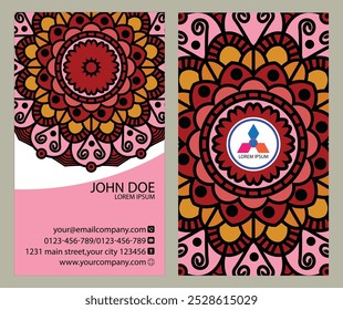 Professional business card design: front side includes name, title, contact info, and website; back showcases logo in mandala pattern. Ideal for corporate professionals and entrepreneurs.