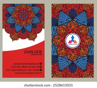 Professional business card design: front side includes name, title, contact info, and website; back showcases logo in mandala pattern. Ideal for corporate professionals and entrepreneurs.