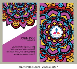 Professional business card design: front side includes name, title, contact info, and website; back showcases logo in mandala pattern. Ideal for corporate professionals and entrepreneurs.