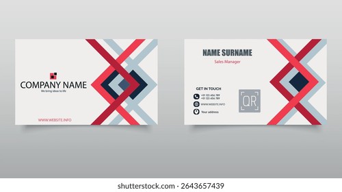 Professional business card layout featuring dynamic red, navy, and gray geometric shapes on a white background. Suitable for corporate branding, personal identity, or sales professionals