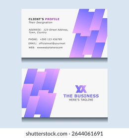 Professional business card layout with gradient purple and geometric shapes.