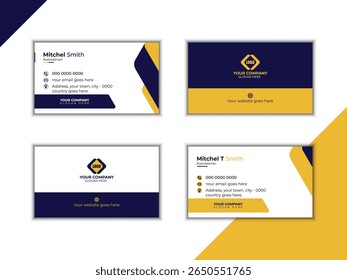 Professional business card layout with modern design, clean branding template featuring yellow and navy colors, suitable for corporate identity, entrepreneurs, and personal use.