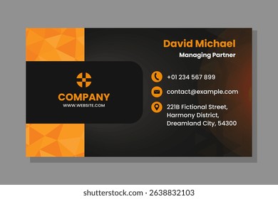 Professional Business Card Template with Black Background and Geometric Orange Polygon Gradient