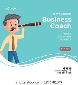 Professional business coach banner design. Businessman is watching from the telescope. Vector graphic illustration.