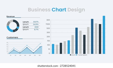 Painel de Instrumentos de Dados Profissionais com Gráfico de Barras, Gráfico de Linhas e Infográfico de Rosca para Desempenho Financeiro e Análise de Receita