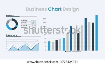 Professional Business Data Dashboard with Bar Graph, Line Chart and Donut Infographic for Financial Performance and Revenue Analysis