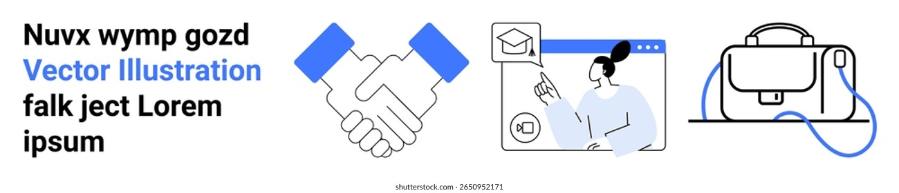 Professional business elements including handshake, online communication, and bag. Ideal for presentations, websites, social media, marketing materials, educational content, professional portfolios