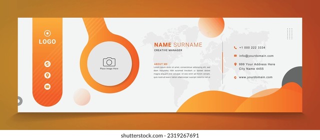 plantilla de firma de correo electrónico profesional vector con lugar de foto, correo horizontal de fondo blanco, diseño de forma naranja para empresa o empresa