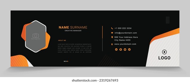 professional business email signature template vector with photo place, black background horizontal custom mail, orange shape design for company or corporate