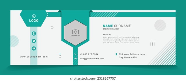 professional business email signature template vector file with photo place, white background custom mail, aqua shape design for company or corporate