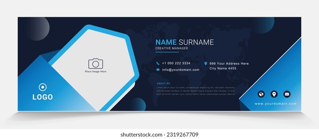 professional business email signature template vector with photo place, blue background horizontal custom mail, cyan shape design for company or corporate