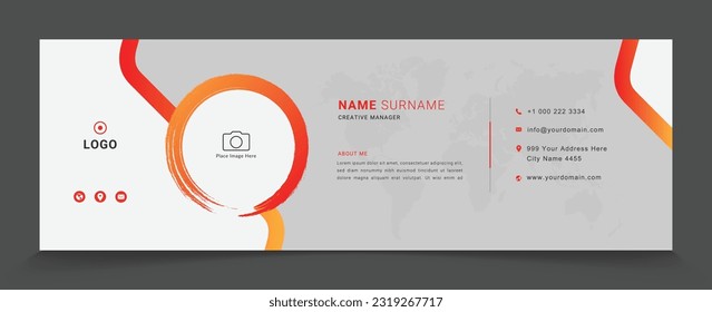 plantilla de firma de correo electrónico profesional vector con lugar de foto, correo personalizado de fondo blanco, diseño de forma naranja para empresa o empresa