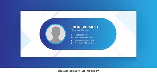 Professional Business Email Signature Template with Photo Placeholder. Editable Layout for Personal and Company Branding with Contact Information and Logo, blue color shape