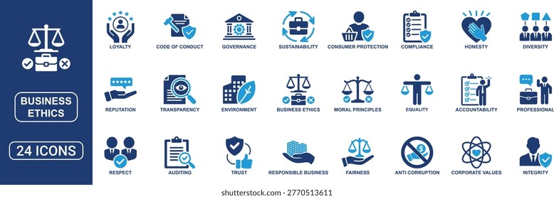 Professional business ethics solid icon set designed for corporate responsibility and governance concepts. Includes icons for compliance, fairness, integrity, transparency, trust, equality, code of conduct, anti corruption, accountability, and corporate values. Clean and scalable vector icons ideal for business policies, training, presentations, and ethical management systems.