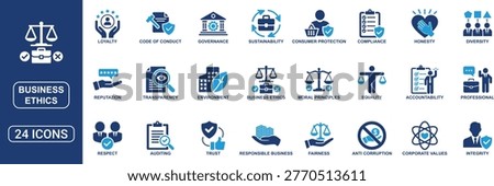 Professional business ethics solid icon set designed for corporate responsibility and governance concepts. Includes icons for compliance, fairness, integrity, transparency, trust, equality, code of conduct, anti corruption, accountability, and corporate values. Clean and scalable vector icons ideal for business policies, training, presentations, and ethical management systems.