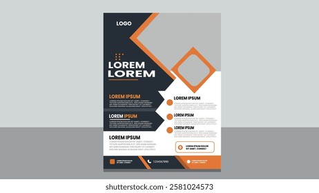 A professional business flyer design featuring a bold geometric layout in orange gray and black ideal for corporate marketing advertising and promotional materials