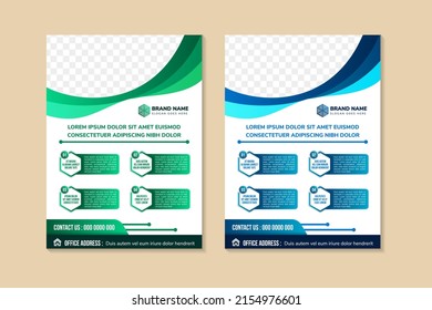 Professional Business Flyer Design Template. Vertical Layout With Space For Text And Photo Collage. White Background With Multicolored Green And Blue Gradient Elements. Hexagon Rectangle Infographic