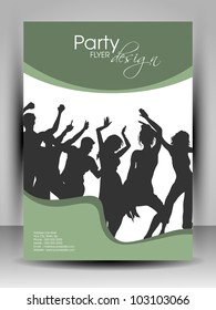 Professional business flyer template or corporate brochure design in green color with dancing people silhouette on wave pattern for publishing, print and presentation. Vector illustration in EPS 10