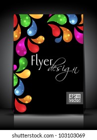 Professional business flyer template or corporate brochure design in black color with colorful floral design for publishing, print and presentation. Vector illustration in EPS 10