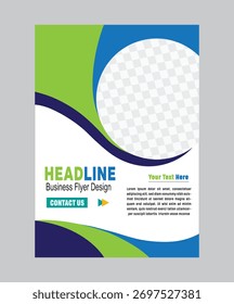 Professional business flyer template featuring a modern abstract design with green, blue, and white color scheme. Includes editable text areas for company headline, contact information, and promotiona