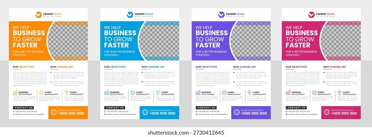 Professional Business Flyer Template Set for Corporate Marketing Growth Strategy and Agency Promotion Featuring Modern Geometric Layouts in Blue Orange Green and Purple with Customizable Image Slots