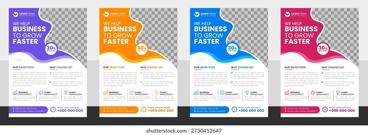 Professional Business Flyer Template Set for Corporate Marketing Growth Strategy and Agency Promotion Featuring Modern Geometric Layouts in Blue Orange Green and Purple with Customizable Image Slots