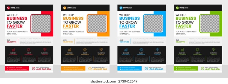Professional Business Flyer Template Set for Corporate Marketing Growth Strategy and Agency Promotion Featuring Modern Geometric Layouts in Blue Orange Green and Purple with Customizable Image Slots