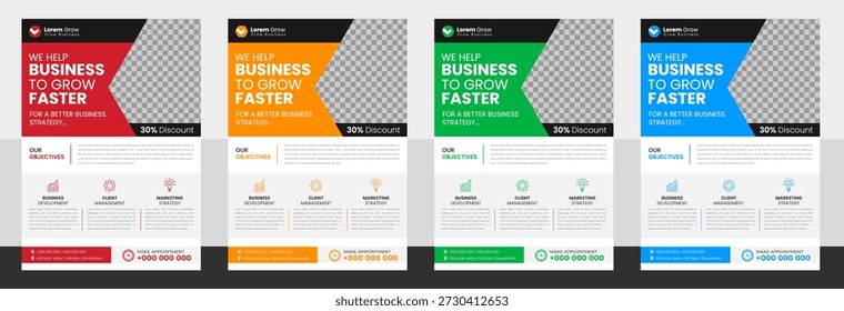 Professional Business Flyer Template Set for Corporate Marketing Growth Strategy and Agency Promotion Featuring Modern Geometric Layouts in Blue Orange Green and Purple with Customizable Image Slots