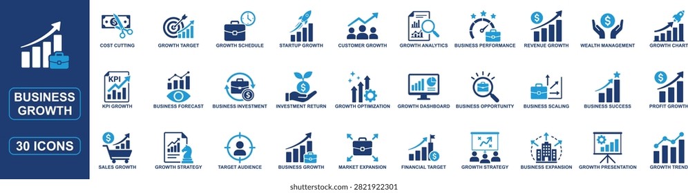 Professional business growth and expansion solid icon set featuring growth strategy, target audience, KPI growth, wealth management, cost cutting, business analytics, investment return, revenue growth, financial planning, scaling, and performance tracking. Perfect for business reports, dashboards, presentations, startup platforms, and corporate websites.