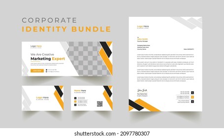 Professional Business Identity Bundle Design In Yeallow Color, For Corporate Office. Letterhead Business Card Timeline Cover Design Illustration. Simple  Creative Modern Corporate Letterhead Template