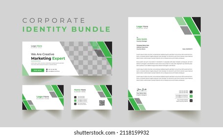 Professional business identity bundle design in green Color, for corporate office. letterhead business card timeline cover design illustration. Simple and creative modern corporate letterhead template