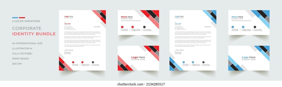 Professional business identity bundle design in red and Color, for corporate office. letterhead business card design illustration. Simple and creative modern corporate letterhead template..