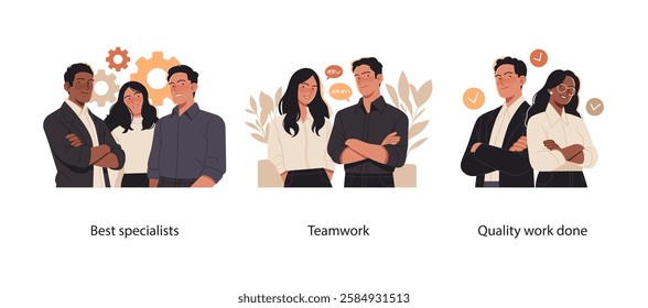 A professional business illustration set showcasing skilled specialists, effective teamwork, and successfully completed work. Represents collaboration, expertise, and high-quality results.