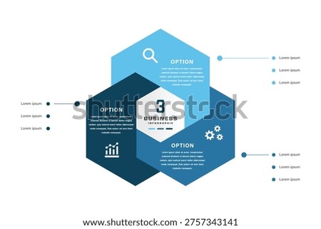 Professional business infographic with 3 interconnected hexagon options, icons, and connected bullet points in blue and white design