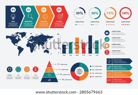 Professional business infographic vector template designed for presentations reports marketing materials corporate communication annual summaries educational content and digital publishing This EPS10 artwork features a clean modern layout with process timeline blocks circular progress indicators world map silhouette bar graph pyramid hierarchy diagram donut chart business icons and colorful information panels The composition uses balanced spacing bold geometric shapes editable vector elements and a professional color palette that supports branding data visualization workflow explanation strategic planning project management analytics financial reporting performance tracking and company presentations Ideal for brochures websites social media banners pitch decks dashboards print materials infographics and commercial design projects Every element is scalable without quality loss making it suitable for high resolution output and creative customization The organized structure helps communicate statistics comparisons milestones achievements and business concepts with clarity while maintaining an attractive contemporary appearance Suitable for startups agencies consultants enterprises education technology finance healthcare logistics research and global business related visual communication projects
