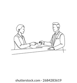 Professional business interaction: exchanging business card at a modern reception desk, networking and building relationships in a corporate setting