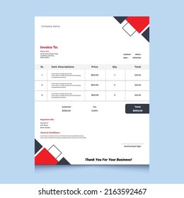 Professional business invoice template. Design for receipt, invoice, letterhead, order form, proforma. Print ready and editable vector template