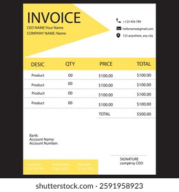 Professional business invoice template with a modern and clean design. Includes sections for company details, product descriptions, quantity, price, total amount, bank details, and signature.