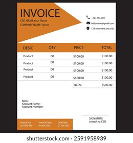 Professional business invoice template with a modern and clean design. Includes sections for company details, product descriptions, quantity, price, total amount, bank details, and signature.