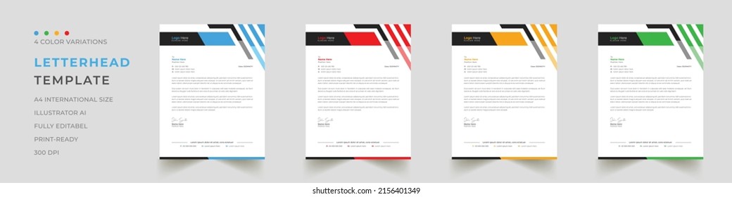 Professional business letterhead design in red, yellow, green, and blue for the corporate office. Vector design illustration. Simple and creative modern corporate letterhead template in a4 size	