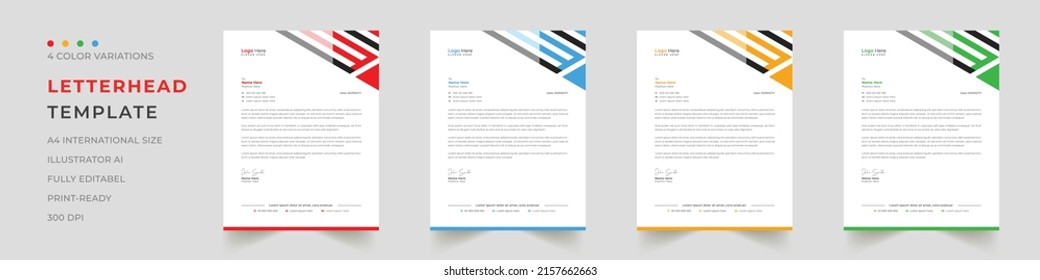 Professional business letterhead design in red, yellow, green, and blue for the corporate office. Vector design illustration. Simple and creative modern corporate letterhead template in a4 size	