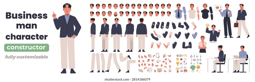 Professional business man character constructor with customizable heads, facial expressions, hairstyles, body parts, hand gestures, legs, office accessories, devices, business icons and ready-made poses. Create unlimited business scenes for presentations, websites, mobile apps, marketing materials, corporate projects, office concepts, teamwork, communication, success and office workflow. Flat vector illustration set